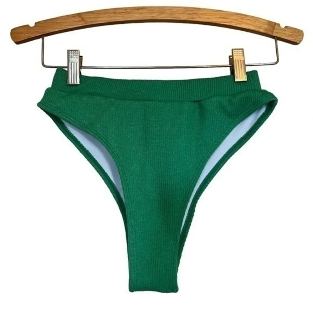 Ribbed Green High Waisted Cheeky Bikini Bottom